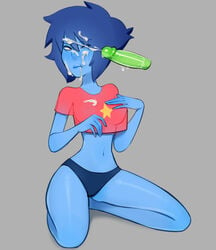 after_fellatio blue_female blue_hair blue_skin cum cum_on_closed_eye cum_on_face disembodied_penis ejaculation futanari gem_(species) green_penis intersex kneeling lapis_lazuli_(steven_universe) medium_breasts one_eye_closed panties peridot_(steven_universe) see-through short_blue_hair smokyholes steven_universe