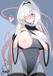 lactation one_breast_out bare_shoulders detached_sleeves wide_sleeves breath leotard_under_clothes bodysuit 1girls armored_core armored_core_6 ayre_(armored_core_6) blush breasts female gradient_hair highres humanized long_hair looking_at_viewer manju_studio multicolored_hair nipples personification pink_hair red_eyes shy signature solo white_hair