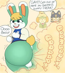 2026 angry animal_crossing ankha_(animal_crossing) anthro backsack balls big_butt blonde_hair blush bottomless buckteeth butt canid canine canis clothed clothing digital_drawing_(artwork) digital_media_(artwork) disgust domestic_cat domestic_dog drawful-s english_text fangs fart fart_cloud fart_fetish felid feline felis female femboy flustered frown genitals green_background group hair happy hi_res huge_butt insult isabelle_(animal_crossing) jacket lagomorph leporid letterman_jacket male male_farting male_focus mammal nintendo oblivious open_frown open_mouth open_smile rabbit rear_view sasha_(animal_crossing) scut_tail shadowed_face short_tail simple_background smile solo_focus speech_bubble tail talking_to_another talking_to_self tan_background teeth text thick_thighs topwear trio wide_hips yelling