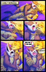 2boys artist_logo ass balls bodily_fluids closed_eyes comic crossover cum dialogue flaccid gay genital_fluids guardians_of_the_galaxy heart hi_res kissing lombax looking_up male male/male male_only mammal marvel nude penis randoramble ratchet_(ratchet_and_clank) ratchet_and_clank rocket_raccoon sand sleeping smile stripes towel video_games yaoi