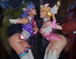 overwatch dokiwatch magical_girl breasts_out exposed_breasts breasts nipples sex cum pulling_arms standing_sex holding_another's_head kiriko_(overwatch) heart_of_passion_kiriko heart_of_hope_juno juno_(overwatch) 999wwwwwww orc orc_male foursome defeated defeat defeated_heroine 2girls 2boys blue_hair blonde_hair earrings headphones open_mouth standing taken_from_behind tongue_out