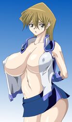 1girls alexis_rhodes big_breasts blonde_hair blue_background blue_elbow_gloves blue_miniskirt breasts busty cleavage elbow_gloves female huge_breasts large_breasts long_hair miniskirt nipple_bulge obelisk_blue_uniform shiny_breasts shiny_clothes shiny_hair shiny_skin voluptuous yellow_eyes yu-gi-oh! yu-gi-oh!_gx zahkey