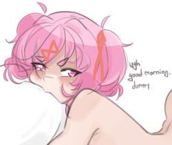 1girl arched_back blush doki_doki_literature_club emiillb english_text highres implied_sex looking_to_the_side natsuki_(doki_doki_literature_club) nude pillow pink_eyes pink_hair solo tsundere upper_body nsfw explicit