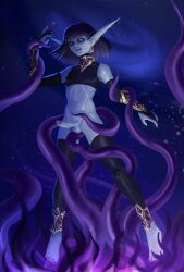 1boy anklet blue_body blue_eyes blue_hair blue_skin bob_cut bracelet crop_top earings elbow_gloves elf elf_ears femboy jewelry monster_on_femboy navel notnarts penis tentacle tentacle_hold tentacle_in_ass tentacle_on_male tentacle_penetration tentacles thighhighs void void_elf warcraft world_of_warcraft