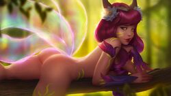 1girls 2019 ahri ass breasts dominaart eclipse_series elderwood_ahri female headwear laying league_of_legends looking_at_viewer multicolored_hair naked riot_games tail