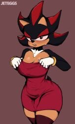 1girl adjusting_clothes anthro bulge_through_clothing clothing_pull crossgender curvaceous curvy dress erection_under_clothes futa futa_only futanari gloves hedgehog jeteggs large_breasts large_thighs minidress mobian mobian_(species) mtf_crossgender mtf_transformation ring rule_63 sega shadow_the_hedgehog shemale solo solo_focus sonic_(series) sweatdrop tail thick thick_ass thick_thighs thighhighs tight_clothing