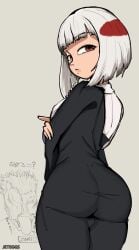 1girls ass ass_bigger_than_head ass_focus bob_cut bulge_through_clothing crossed_arms female female_only fully_clothed jeteggs jujutsu_kaisen kimono large_ass large_butt large_thighs looking_back ryoumen_sukuna_(jujutsu_kaisen) small_breasts solo solo_focus trans_woman transfem transgender_pride_colors uraume white_hair zamn!