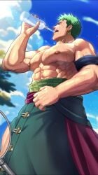 1boy 2d 2d_animation abs animated balls bandana_around_arm bara bara_tiddies bara_tits barazoku beefy big_dick_energy big_penis bigger_male broad_shoulders dangling_penis defined defined_jawline defined_muscles earrings flaccid flaccid_bigger foreskin foreskin_overhang gay green_hair green_pubic_hair half-dressed hanging_penis haramaki huge_cock hunk izukonohito japanese_male kimono long_penis male male_focus male_only manly masculine_male massive_penis muscles muscular muscular_male no_underwear one_piece pecs pectorals penis penis_down pirate pubic_hair roronoa_zoro scar scar_across_eye scar_on_face six_pack solo solo_focus solo_male sweat sweating sweaty_body tagme testicles tough_guy video yaoi zoro zoro_(one_piece)