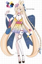 rating:safe 1girl braid long_hair one_eye_closed animal_ears breasts very_long_hair blonde_hair blue_eyes solo white_legwear thighhighs hair_ornament open_mouth cleavage jewelry flower necklace standing single_thighhigh twin_braids dress yenko vyugen