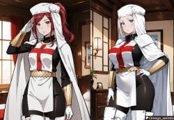 fire_force enen_no_shouboutai omega_weirdo sister_iris_(enen_no_shouboutai) sister_iris_(fire_force) lisa_isaribi red_hair orange_eyes ponytail uniform uniform_female cape bed bedroom standing salute enemy_conversion corruption brainwashing brainwashed bodysuit hand_on_hip blue_eyes blonde_hair blush looking_at_viewer emotionless obey obeying ai_generated patreon 1girl tight_clothing big_breasts multiple_views 2girls