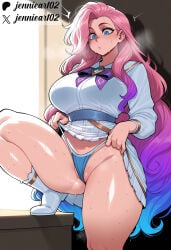 1girl ai_generated artist_name blue_eyes blue_hair blue_panties blush boots bow bowtie breasts cameltoe clothes_lift clothes_pull clothing female female_only footwear gradient_hair jennieart02 large_breasts league_of_legends lifted_by_self long_hair long_sleeves looking_down micro_panties multicolored_hair official_alternate_costume panties pantsu partially_visible_vulva patreon patreon_logo patreon_username pink_hair pleated_skirt purple_bow purple_bowtie purple_hair riot_games school_uniform seraphine_(league_of_legends) shiny_skin shirt skirt skirt_lift skirt_pull solo sweat thick_thighs thighs thong twitter twitter_username underwear very_long_hair watermark wedgie white_footwear white_shirt white_skirt