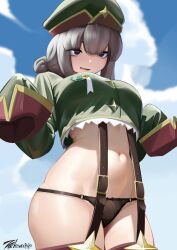 flat_tummy green_clothing green_clothes army_uniform black_panties underwear big_breasts thighs leopard_(mahou_shoujo_ni_akogarete) grey_hair purple_eyes simple_background artist:zarkua_exe