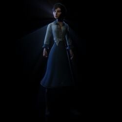 elizabeth_comstock bioshock_infinite bioshock sfw sfw_version fully_clothed female solo solo_female blue_eyes brunette brown_hair makeup tied_hair hourglass_figure neck_accessory choker looking_away simple_background dark_background collar skirt shirt torn_clothes clothing fanart ponytail standing 2026 hi_res blender blender_(software) blender_cycles digital_art digital_media_(artwork) god_rays eyelashes