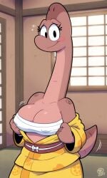 original brandi_(jurassiczalar) brandi_brachiosaurus brachiosaurus dinosaur dinosaur_girl ai_generated ai ai_art ai-created pixai big_breasts voluptuous voluptuous_female cute looking_at_viewer kimono east_asian_architecture east_asian_clothing sarashi white_panties tagme undressing undressing_self self_upload anthro anthro_female covered_nipples jurassiczalar