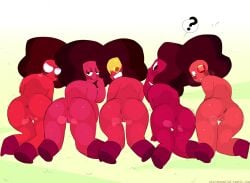 5girls ? afro alien alien_girl annoyed annoyed_expression anus army_(steven_universe) ass bedroom_eyes bent_over butt cartoon_network doc_(steven_universe) dripping dripping_pussy eggshoppe eyeball_(steven_universe) eyewear female female_only gem_(species) gemstone grass leggy_(steven_universe) looking_at_viewer looking_back navy_(steven_universe) nude nude_female presenting presenting_ass presenting_hindquarters presenting_pussy red_body red_skin ruby_(gem) ruby_(steven_universe) shoes shoes_only shortstack steaming_body steven_universe sweat sweaty_body take_your_pick vagina