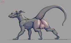 2020 absurd_res all_fours ass backsack balls big_balls claws dragon feral genitals grey_background hi_res horn looking_at_viewer looking_back male maxydont motion_lines raised_tail rear_view scalie signature simple_background sketch solo teeth toe_claws zigzag_horn