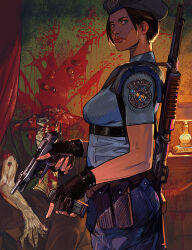 1girl beret beretta_92 black_gloves blood blood_splatter blue_hat blue_pants blue_shirt exploded_head fingerless_gloves gloves gun gun_on_back handgun hat headless highres holding holding_gun holding_weapon jill_valentine lamp lorenzo_nuti pants resident_evil resident_evil_1 shirt short_hair shoulder_pads weapon weapon_on_back