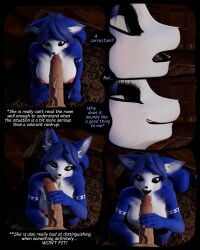 3d_(artwork) 4:5 absurd_res anthro big_breasts big_penis black_lips blue_body blue_fur breasts comic confident dialogue digital_media_(artwork) duo ears_up expressions female fur genitals green_eyes hi_res human imminent_oral imminent_sex kneeling kneeling_oral_position krystal_(star_fox) lips lir male male/female mammal multiple_images nintendo nipples penis penis_grab shocked skirt_only speech_bubble star_fox tail teasing text thick_penis vein veiny_penis