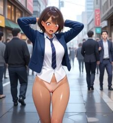 ai_generated arms_behind_head blazer blush bottomless bottomless_female business_attire business_suit business_woman city clothes_stolen crowd embarrassed embarrassed_underwear_female euf exhibitionism exhibitionist exposed_pussy female glj-enf going_commando half-dressed half_naked hands_behind_head humiliated humiliation looking_down no_panties no_pants no_skirt nude_from_the_waist_down office_lady original pantsed pantsing public public_exposure public_humiliation public_indecency public_nudity punishment pussy screaming sexual_harassment shiny_skin shirt shirt_only shocked shocked_expression short_hair skirt_removed skirtless spectators stolen_clothes story_at_source street stripped stripping suit surprised surprised_expression tan_lines tanline tanned tanned_female tie undressed undressed_by_others