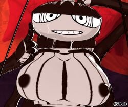 antennae_(anatomy) anthro aroused arthropod bed bedroom bedroom_eyes big_breasts big_eyes blattodean bodily_fluids breasts cockroach crown cum cum_on_face curious female first_person_view furniture genital_fluids grey_body hair happy headgear hi_res huge_breasts humanoid insect long_hair looking_at_viewer multi_limb narrowed_eyes nipples roya_roach seductive sharp_teeth shell solo teeth verelo versus_(manga)