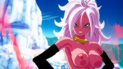 1girls 2010s 3d android_21 aura blue_eyes breasts dragon_ball dragon_ball_fighterz edit female hoop_earrings humanoid light_persona long_hair majin majin_android_21 mod nude_mod pink_skin pointy_ears screencap topless white_hair