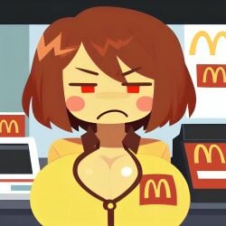 1girl ai_generated annoyed bangs big_breasts blush_stickers bob_cut brown_hair buttoned_shirt cashier chara chara_(undertale) cleavage clothed collared_shirt employee employee_uniform female_chara frown indoors job mcdonald's nonbinary pale pale-skinned_female pale_skin pink_blush pixai red_eyes restaurant shoulder_length_hair solo undertale undertale_(series) uniform upper_body yellow_shirt