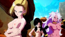 2010s 3d 3girls android_18 android_21 blonde_hair blue_eyes breasts curly_hair dragon_ball dragon_ball_fighterz dragon_ball_z edit female hoop_earrings human humanoid light_persona long_hair majin majin_android_21 mod nude_mod pale-skinned_female pale_skin pink_skin pointy_ears screencap short_hair tail topless twintails very_long_hair videl white_hair