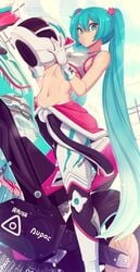 bandage_on_nose belly belly_button blue_eyes blue_hair crop_top hatsune_miku merunyaa midriff motorcycle sideboob sports_bra stomach underboob vocaloid