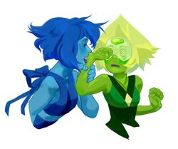 2girls blonde_hair blue_hair blue_skin green_skin hand_grab lapis_lazuli_(steven_universe) licking morkovkasvekla peridot_(steven_universe) steven_universe yuri