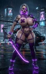 ai_generated areolae bimbo bimbofication city crotch_zipper cybernetic_arm cybernetic_eye cyberpunk earrings erect_nipples_under_clothes female_only fishnet_armwear fishnets garter_straps glowing_eye hand_on_hip harness helicopter holstered_weapon huge_breasts isabella_valentine latex lipstick logan_d navel_piercing neon_lights nipple_tape pubic_tattoo raining solo_female soul_calibur spiked_anklet spiked_bracelet spiked_collar sword tattoos thigh_holster thighhigh_boots thong weapon zipper