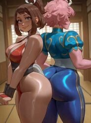 ai_generated ai_generated_video animated ashido_mina ass_bigger_than_head boku_no_hero_academia chun-li_(cosplay) cosplay exposed_breasts mai_shiranui_(cosplay) mina_ashido my_hero_academia no_sound ochako_uraraka shaking_ass tagme tight_clothing uraraka_ochako video