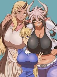 3girls animal_ears artist_request belt big_breasts black_hair blonde_eyebrows blonde_hair blue_eyes bovine breast_hold breast_press breasts breasts_bigger_than_head breasts_on_head brown_eyes cathyl_(monster_musume) centaur centaur_girl centauress centorea_shianus clothed cow_ears cow_girl cow_horns dark-skinned_female double_v dress female_minotaur gigantic_breasts head_between_breasts horn horns huge_breasts hyper_breasts large_breasts light-skinned_female light_skin marshmallow_hell minotaur minotaur_female minotaur_girl monster monster_girl monster_musume monster_musume_no_iru_nichijou multicolored_hair no_humans ogre ogre_girl pale-skinned_female pale_skin peace_sign ponytail size_difference smile taller_girl thick_legs thick_thighs tionishia_(monster_musume) v_sign white_hair