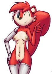 2019 anthro areola big_areola big_nipples breasts cybernetics cyborg digital_media_(artwork) fan_character female gesture hair hand_on_hip looking_at_viewer machine mammal mapel navel nipples nude one_eye_closed pubes pussy rodent sciurid short_hair simple_background smile solo sonic_(series) standing tg-0 thumbs_up tree_squirrel white_background