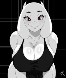 1girls dalley_le_alpha toriel milf mother mature_female mature_woman anthro undertale white_skin white_body red_eyes smile animal_ears horns huge_breasts big_breasts breasts cleavage black_dress dress clothing breast_focus looking_at_viewer solo solo_female female female_only