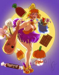 bag bag_of_food bare_legs bare_shoulders big_breasts breasts candies candy candy_corn candy_wrapper chocolate cleavage cute cute_girl female female_only ginger ginger_female ginger_hair halloween heels high_heels holding_bag large_breasts lollipop open_toe_shoes pumpkin short_hair short_hair_female short_skirt skirt solo solo_female teatimedroan tight_clothing tight_topwear toee tootsie_roll tutu