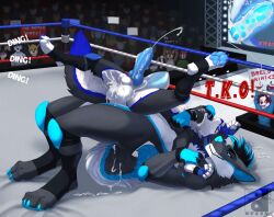 anal anal_penetration animal_genitalia animal_penis anthro anthro_on_anthro anthro_penetrated anthro_penetrating anthro_penetrating_anthro artist_logo artist_name athletic athletic_anthro athletic_male balls black_hair blue_eyes blue_hair blue_markings blue_nose blue_penis blue_tongue bodily_fluids canid canine canine_genitalia canine_penis cum cum_on_arm cum_on_face cum_on_ground cum_on_self cum_splatter duo_focus erection fighting_ring fur genital_fluids genitals glistening glistening_eyes grey_body grey_fur grin group hair hi_res knot logo lying male male/male male_anthro male_penetrated male_penetrating male_penetrating_male mammal markings multicolored_hair neash nude on_back open_mouth penetration penile penile_penetration penis penis_in_ass public public_sex sex slim_anthro slim_male smile text tongue tongue_out two_tone_hair white_balls white_body white_fur wrestling