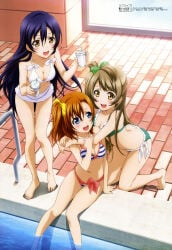 10s 2013 3girls absurd_res barefoot bikini blue_eyes blue_hair blush bow brown_eyes brown_hair copyright_name drink feet green_bikini hair_bow highres hug hug_from_behind ishikawa_tomomi kneeling kousaka_honoka legs long_hair long_legs love_live! megami_magazine minami_kotori multiple_girls non-web_source official_art open_mouth pool poolside side-tie_bikini_bottom side_ponytail smile sonoda_umi striped_bikini striped_clothes swimsuit toenails toes water