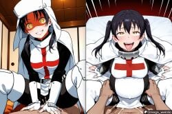 fire_force enen_no_shouboutai tamaki_kotatsu kotatsu_tamaki enemy_conversion corruption brainwashing brainwashed crazy_eyes glowing_eyes black_hair long_hair twintails yellow_eyes medium_breasts bodysuit cape kneeboots straddling sex cowgirl_position cum cum_inside cum_in_pussy spread_legs multiple_views missionary_position missionary missionary_sex pregnant pregnant_female pregnant_belly pregnant_sex pregnancy bed bedroom bedroom_sex indoors blush ahe_gao ahegao ahegao_face mouth_open tongue_out eye_roll pleasure_face pleasured fingerless_gloves pov pov_sex faceless_male ai_generated patreon 1girl 1girl1boy