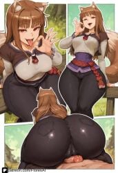 holo_(spice_and_wolf) holo sitting_on_person sitting_on_lap ass_job ass_focus fat_ass naughty_face wolf_girl kemonomimi floresai patreon patreon_username patreon_url ai_generated big_ass looking_at_viewer 1girls 1boy wide_hips teasing narrow_waist thick_thighs