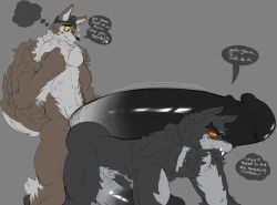 2boys 2d_(artwork) anthro ass big_ass big_penis black_cock black_fur brown_fur dialogue dire_(fortnite) epic_games fortnite furry huge_penis hyper hyper_penis male male/male muscles muscular_male penis tagme_(artist) video_game_character video_games wendell_(fortnite) wolf