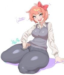 1girls doki_doki_literature_club pankekes sayori_(doki_doki_literature_club) short_hair slapping_thigh thick_thighs wide_hips