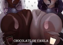 2025 2d 2d_(artwork) 2d_artwork 2girls big_breasts black_hair breast_frottage breast_to_breast breasts breasts_bigger_than_head brown-skinned_female brown_skin chocolate_and_vanilla chocolate_milk covering dark-skinned_female dark_breasts dark_skin ear_piercing earrings eyes_out_of_frame female female_focus female_only game_freak gamefreak gigantic_breasts glistening glistening_breasts grabbing grabbing_breasts grabbing_own_breast hex_maniac hex_maniac_(pokemon_legends:_z-a) huge_breasts large_breasts licking licking_lips long_hair nintendo nipples occult_maniac occult_maniac_(pokemon) occult_maniac_(pokemon_legends:_z-a) occult_maniac_(z-a) pancake_manta pokemon pokemon_legends:_z-a purple_lips purple_lipstick shiny_breasts shiny_hair shiny_hex_maniac shiny_occult_maniac shiny_skin showing_breasts showing_off sweat sweating_female text text_bubble tongue tongue_out top_heavy upper_body upper_body_focus upper_body_only voluptuous voluptuous_female watermark white_hair