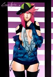 areola_slip cleavage cosmichentai cowboy_shot female hat hip_hop hoodie looking_at_viewer open_clothes original pink_hair punk red_eyes solo standing striped_background