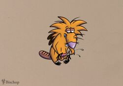 4_fingers 4_toes anthro balls beaver biped black_eyes bodily_fluids buckteeth cum cum_on_hand ejaculation erection feet fingers fur genital_fluids genitals gradient_background half-closed_eyes hi_res johnofe male mammal narrowed_eyes nickelodeon norbert_beaver nude penis purple_nose rodent semi-anthro simple_background standing tapering_penis teeth the_angry_beavers toes whiskers yellow_body yellow_fur