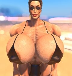 3d abs areola_slip background black_bikini erect_nipples huge_breasts lipstick looking_at_viewer mature_female muscular muscular_female second_life smile sunglasses tinted_eyewear
