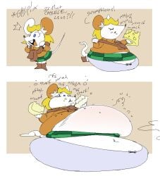 anthro belly belly_expansion belly_overhang blonde_hair bottomwear cheese clothing dairy_products eating eating_food expansion female food fur hair mammal miss-that-man mouse moushley murid murine obese overweight panties rodent scarf skirt solo underwear weight_gain white_body white_fur