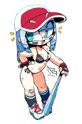 1girls 2024 artist_signature bandages baseball_bat baseball_cap bikini birdblitz blue_eyes blue_eyes_female blue_hair cute_fang eye_black female female_focus female_only fingerless_gloves hair_strand kneesocks light_blue_hair original peanut_(birdblitz) scratches side-tie_bikini smile sneakers solo solo_female solo_focus white_background