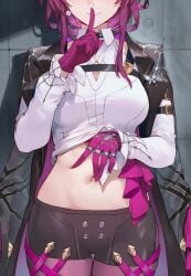 1girls ai_generated belly belly_button esthelmanga exposed_midriff honkai:_star_rail kafka_(honkai:_star_rail) lifting_shirt midriff minishorts navel navel_spread spread_navel