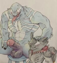 alien anthro balls blue_body blush bodily_fluids bug_eater claws erection fur genitals guardians_of_the_galaxy hi_res humanoid male male/male mammal marvel marvel_rivals muscular muscular_male nipples penis procyonid raccoon rocket_raccoon sharp_teeth smile solo symbiote teeth tongue tongue_out traditional_media_(artwork) venom_(marvel)