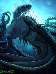 3:4 anthro aquatic bared_teeth big_breasts breasts bubble claws crystal digital_media_(artwork) female fin genitals glowing glowing_eyes godzilla_(series) hi_res huge_breasts kaiju legendary_pictures monster monsterverse plump_labia procreate_(artwork) sea sea_monster solo spikes spikes_(anatomy) teeth teeth_showing tentacles titan_x_(godzilla) titan_x_(kaiju) toho vulva water wide_hips znackyartz